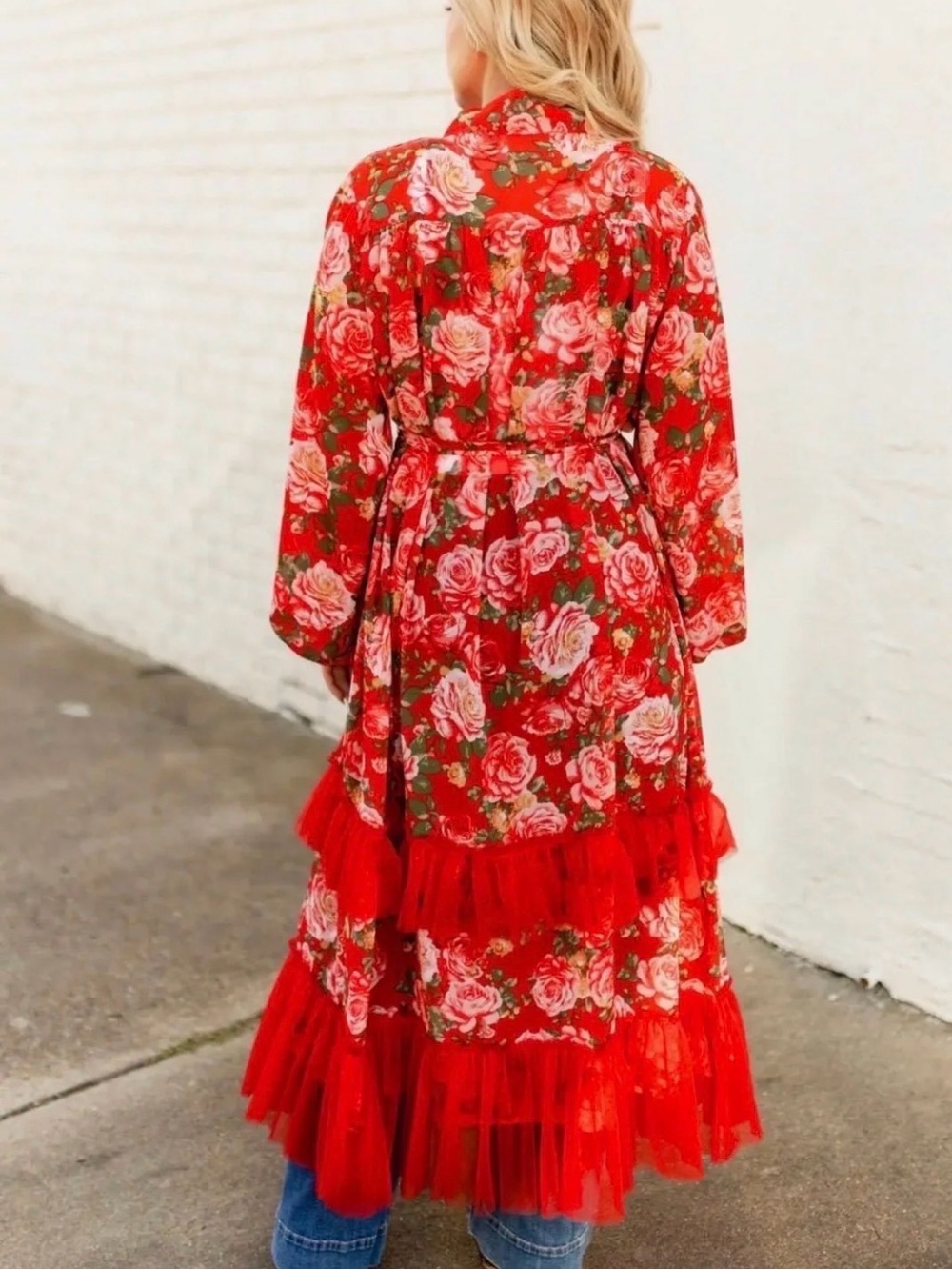 Turquoise Haven Women’s Bloom Kimono- Red Floral Tie-Neck Duster - Picture 2 of 3